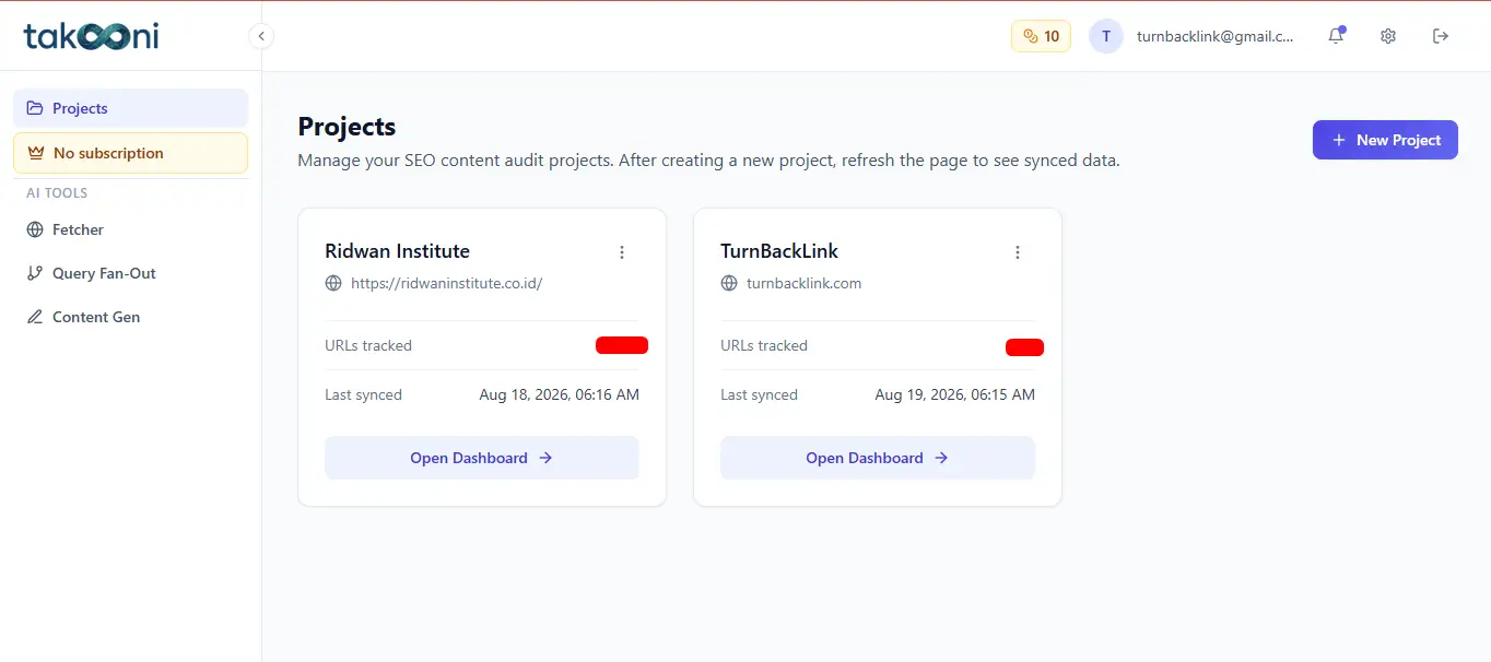 Takooni Main Dashboard Overview